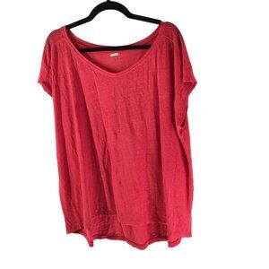 Eileen Fisher Womens Red Linen Loose Fit Hi Low Hem T-Shirt Top Size L